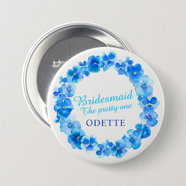 Hochzeitshelfer Pansy Blue Blume individuelle Name Button (Vorne & Hinten)