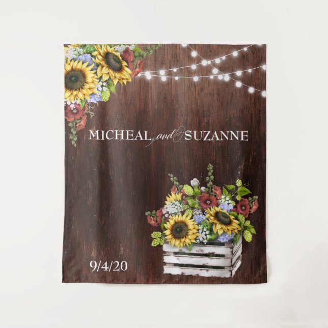 Hochzeitshintergrund Sonnenblume Mason Jar Burgund Wandteppich (Vorderseite)