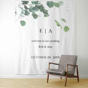 Hochzeitshintergrund, Willkommensschild Eukalyptus Wandteppich