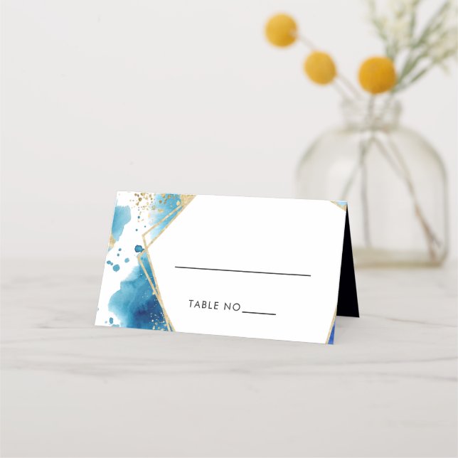 Hochzeitshochzeit in Luxus Gold & Blue Frame Ocean Platzkarte (Vorderseite)