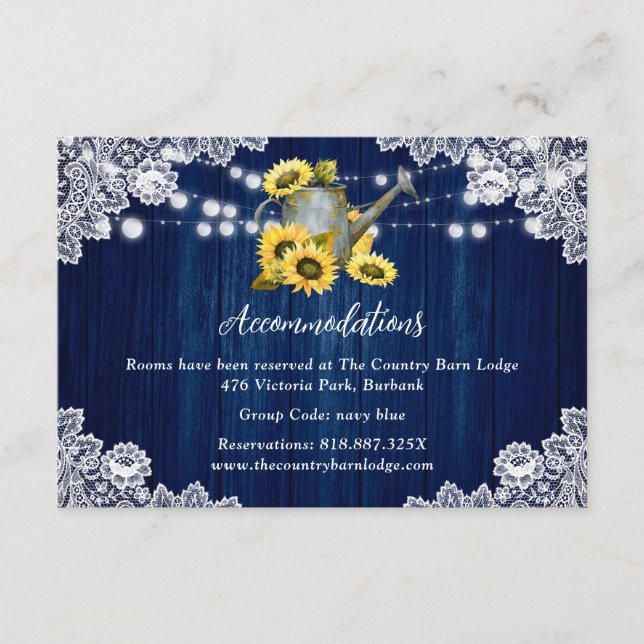 Hochzeitshotel Navy Blauer Sonnenblume Unterkunft Begleitkarte (Vorderseite)
