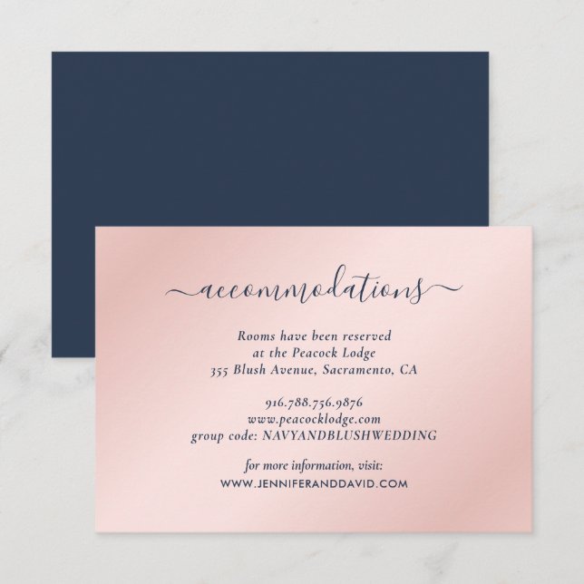 Hochzeitshotel Navy Blue and Blush Begleitkarte (Vorne/Hinten)