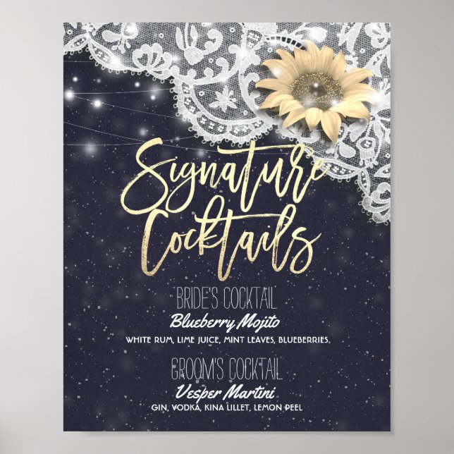 Hochzeitsignatur Drink Menü Spitzen Sonnenblumen L Poster (Vorne)