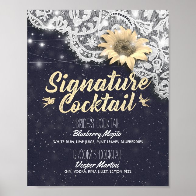 Hochzeitsignatur Drink Menü Spitzen Sonnenblumen L Poster (Vorne)