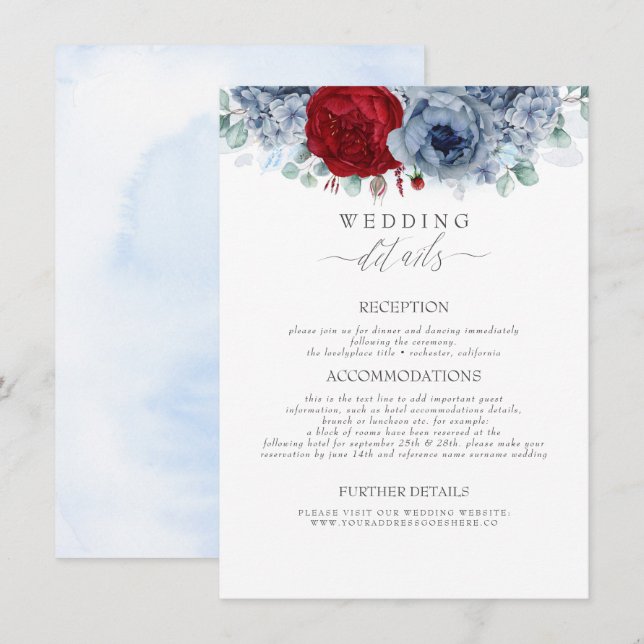Hochzeitsinformationen für Blume in Blau und Rot Begleitkarte (Vorne/Hinten)