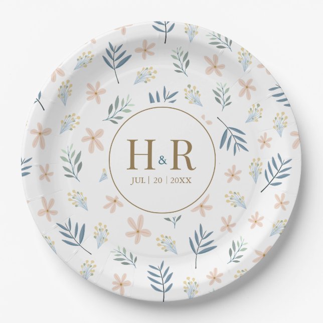Hochzeitsinitialen-Papierplatte mit Wildblumenmust Pappteller (Vorderseite)