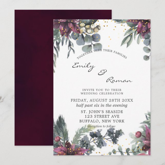 Hochzeitsinvit über Burgund und Gold Einladung (Vorne/Hinten)