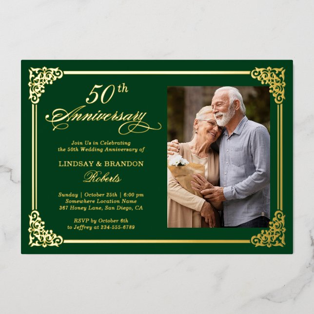Hochzeitsjubiläum Damask Luxuriöser Goldfilm Folieneinladung (Vorderseite)