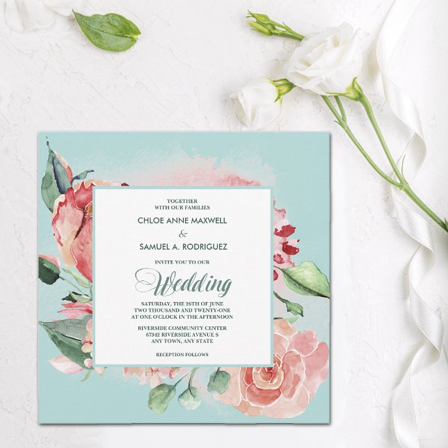 Hochzeitskala mit Aquamarinem Wasser und Korallenr Einladung (Von Creator hochgeladen)