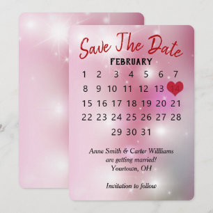 Hochzeitskalender "Datum vormerken" auf rosa Bokeh Einladung
