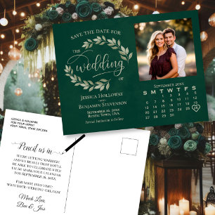 Hochzeitskalender mit Smaragdblättern - Heiratsdat Ankündigungspostkarte