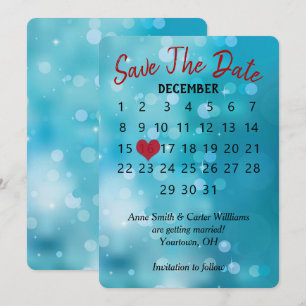 Hochzeitskalender 'Save the Date' auf Aqua-Bokeh Einladung