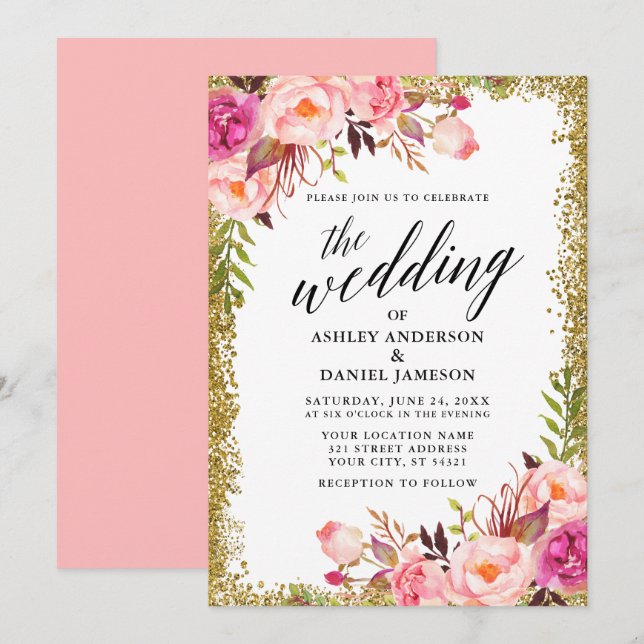 Hochzeitskalligrafie Gold Glitzer Rosa Blütenblätt Einladung (Vorne/Hinten)