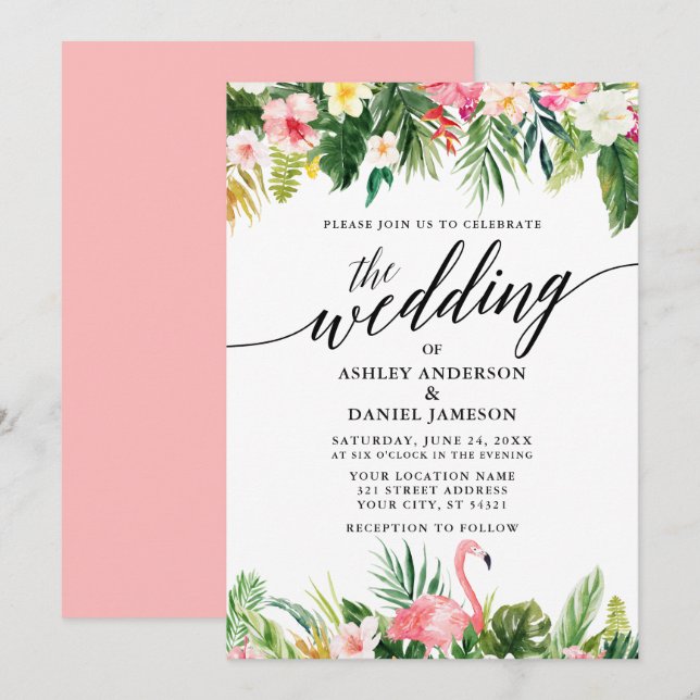 Hochzeitskalligrafie mit tropischer Wasserfarbe Einladung (Vorne/Hinten)