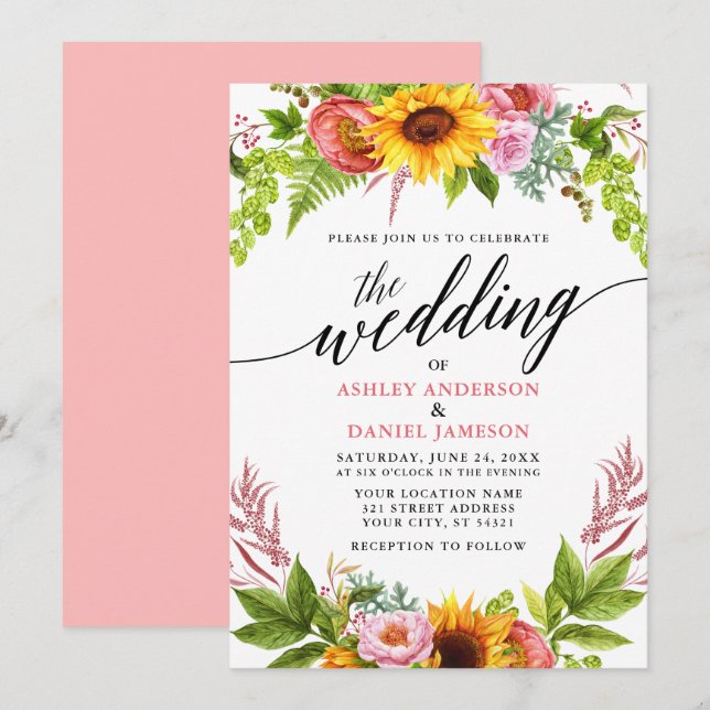 Hochzeitskalligrafie Sonnenblumenpinsel Einladung (Vorne/Hinten)