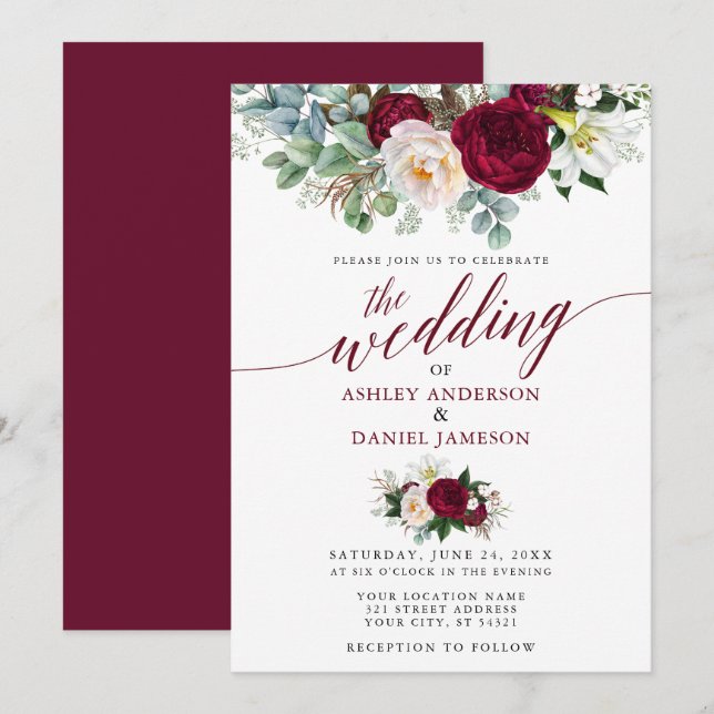 Hochzeitskalligraphie Burgund Blumengrün B Einladung (Vorne/Hinten)