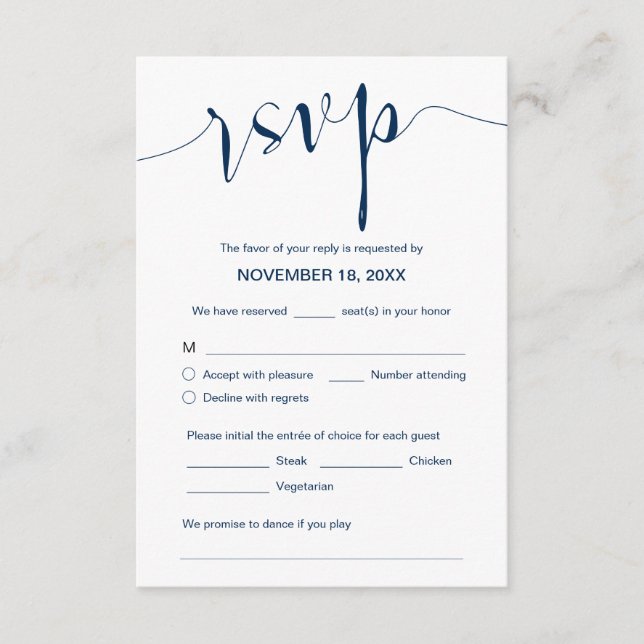 Hochzeitskalligraphie, einfaches Navy Blau, Abende Begleitkarte (Vorderseite)