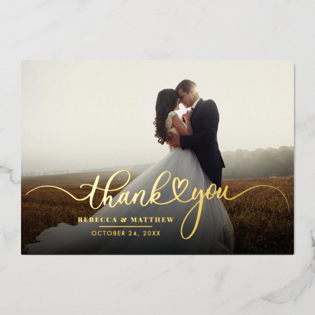 Hochzeitskalligraphie Foto Danke Gold Folieneinladung (Vorderseite)