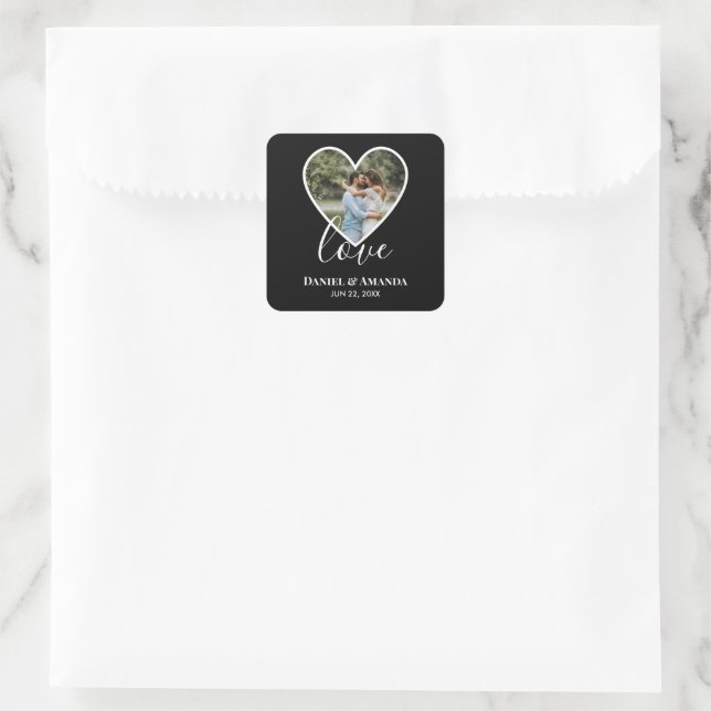 Hochzeitskalligraphie Foto Schwarzes Herz Rahmen M Quadratischer Aufkleber (Tasche)