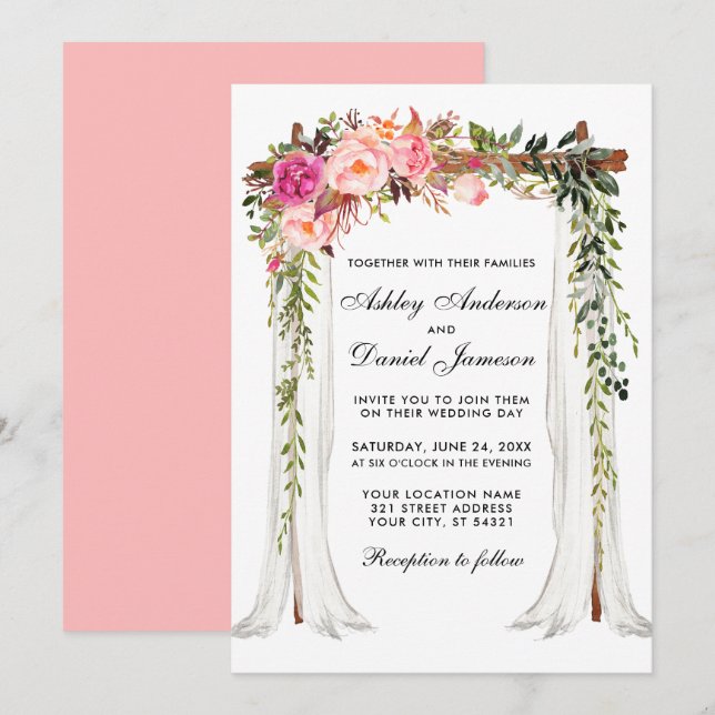 Hochzeitskanopie Aquarell Blütenrosa Blütenfarbe Einladung (Vorne/Hinten)