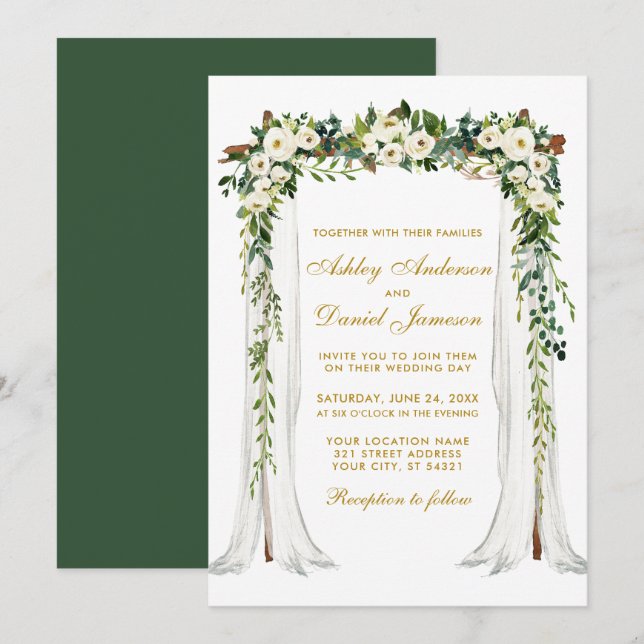Hochzeitskanopie Aquarell Grüne Blüte Gold Einladung (Vorne/Hinten)