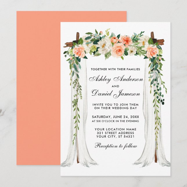 Hochzeitskanopie Arch Wasserfarbe Blumenkoralle Einladung (Vorne/Hinten)