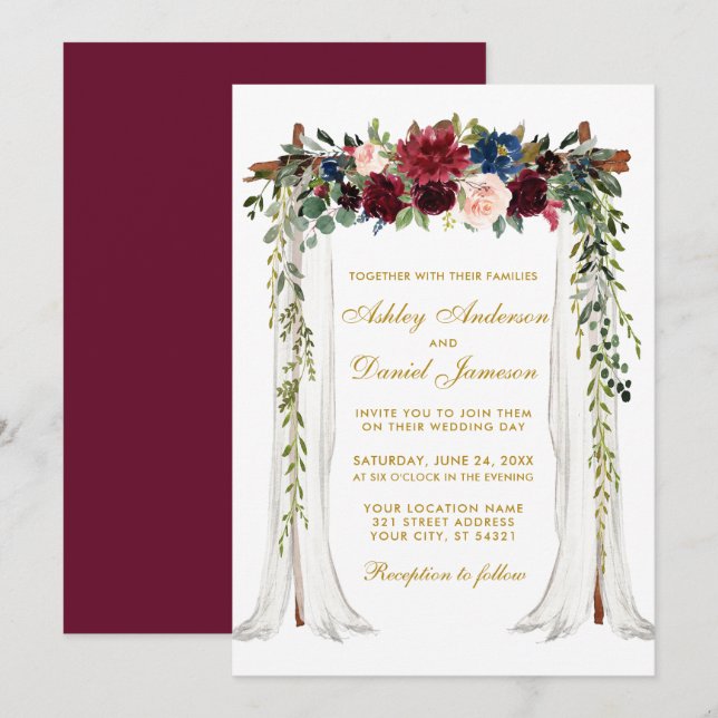 Hochzeitskanopie Gold Wasserfarben Blumenstrauch Einladung (Vorne/Hinten)