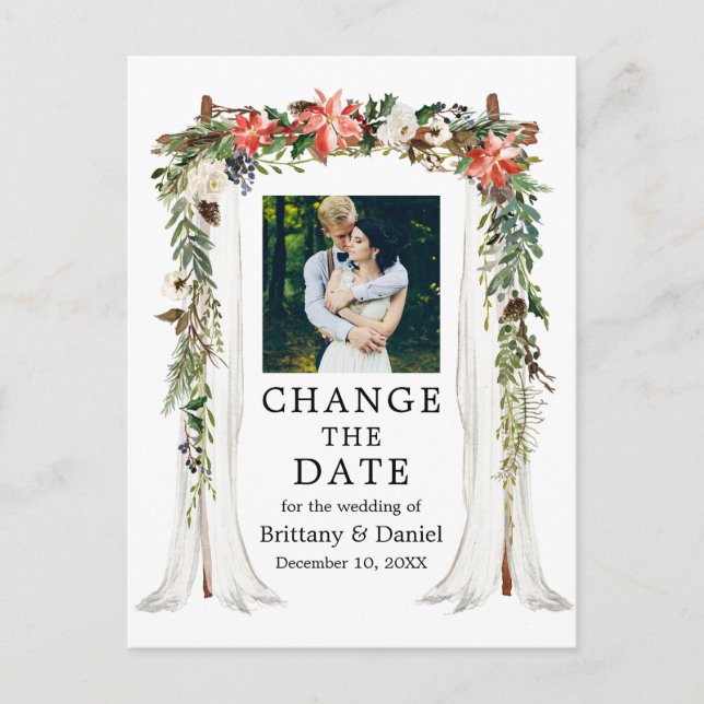 Hochzeitskanopie Poinsettia Blumenwechsel Datum Postkarte (Vorderseite)