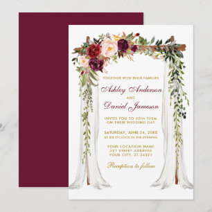 Hochzeitskanopie Wasserfarbe Blumenburgund Gold Einladung