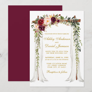 Hochzeitskanopie Wasserfarbe Blumengold Burgund Einladung