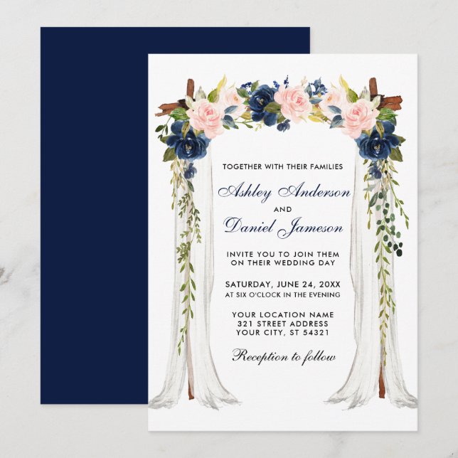 Hochzeitskanopie Wasserfarbe Blumenrosa Blau Einladung (Vorne/Hinten)