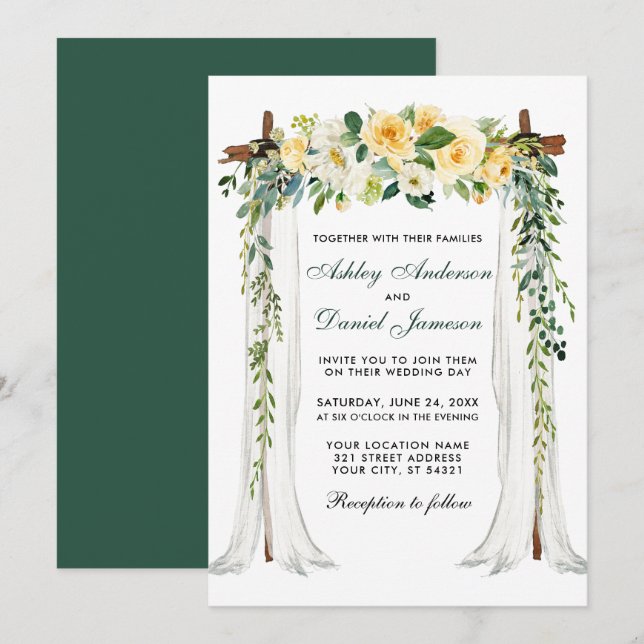 Hochzeitskanopie Wasserfarbe Gelbe Blumengrün Einladung (Vorne/Hinten)