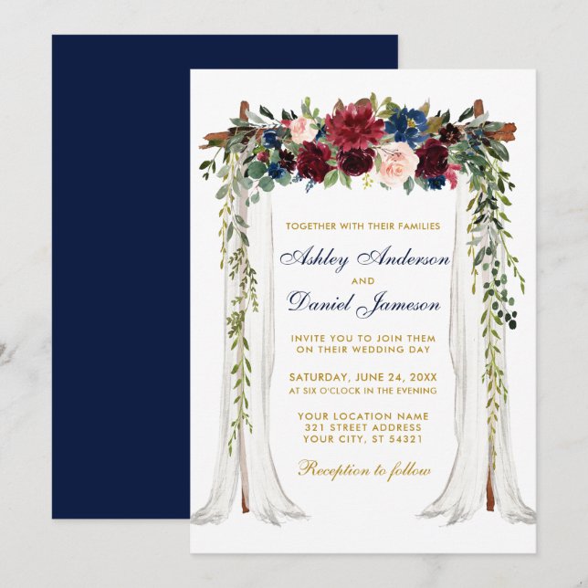 Hochzeitskanopie Wasserfarben Blumenarsch Blau Gol Einladung (Vorne/Hinten)