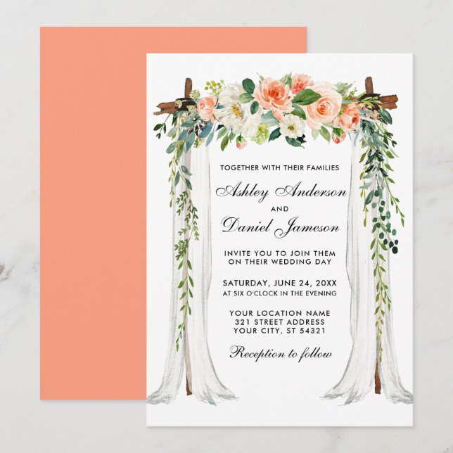 Hochzeitskanopie Wasserfarben Korallenflora Einladung (Vorne/Hinten)