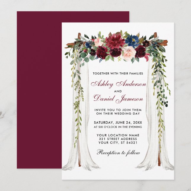 Hochzeitskanopie Wasserfarbener Blumenbogen Einladung (Vorne/Hinten)