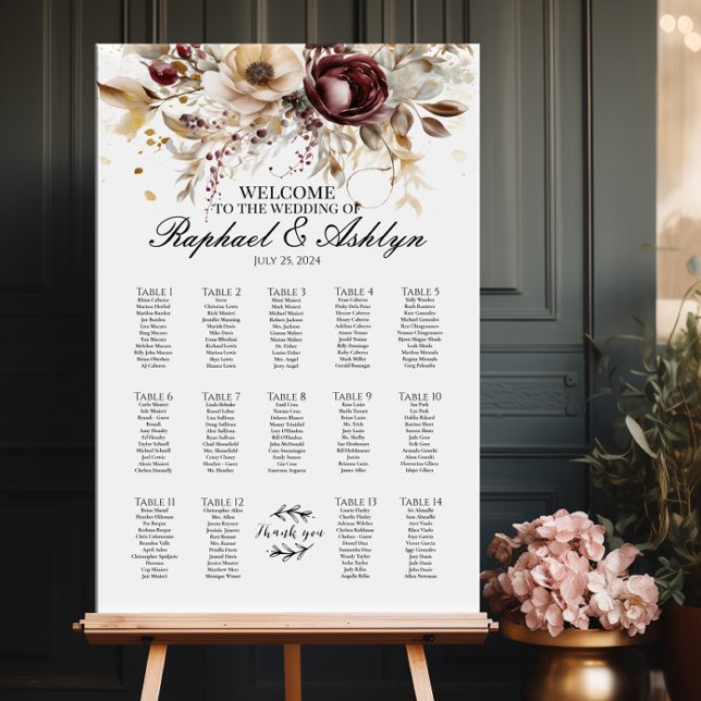 Hochzeitskarte 14 Tische, bordeauxfarbene Ponys Poster (Von Creator hochgeladen)