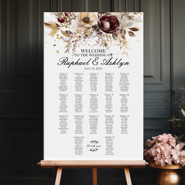 Hochzeitskarte 17 Tische, bordeauxfarbene Ponys Poster (Von Creator hochgeladen)