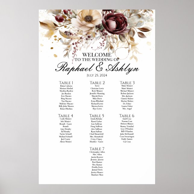 Hochzeitskarte 7 Tische, bordeauxfarbene Ponys Poster (Vorne)