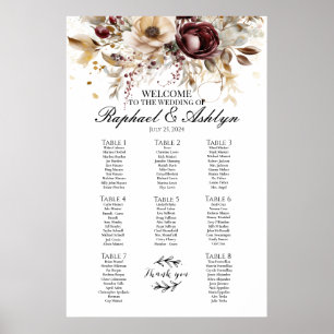 Hochzeitskarte 8 Tische, bordeauxfarbene Ponys Poster