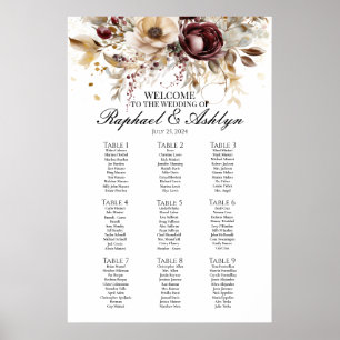 Hochzeitskarte 9 Tische, bordeauxfarbene Ponys Poster