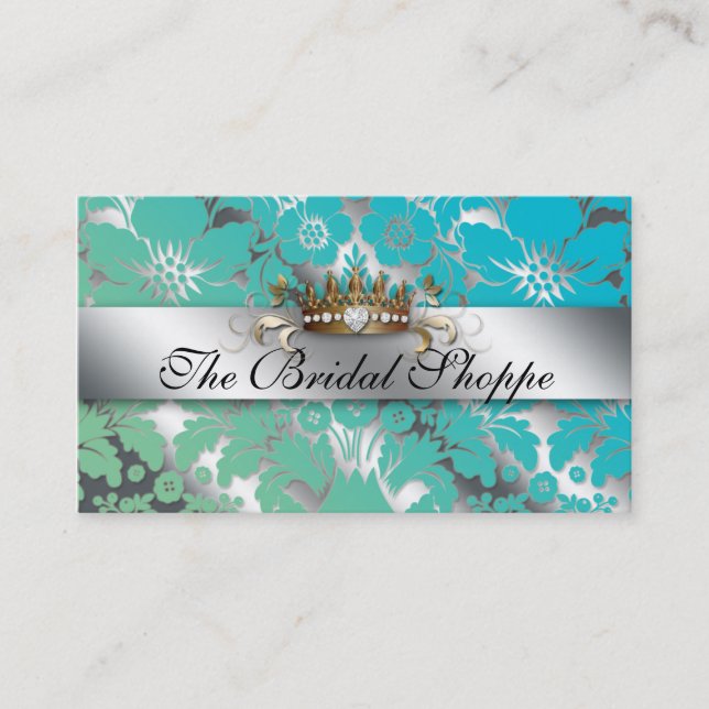 Hochzeitskarte Damask Floral Silver Crown Visitenkarte (Vorderseite)