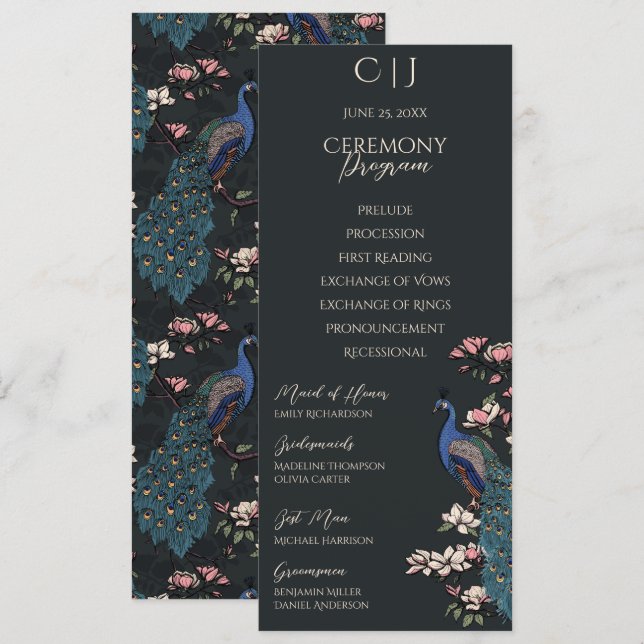Hochzeitskarte des modernen Black Floral Peacock (Vorne/Hinten)