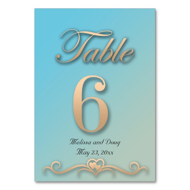 Hochzeitskarte für Aquamarine und Peach - Nummer 6 Tischnummer (Vorderseite)