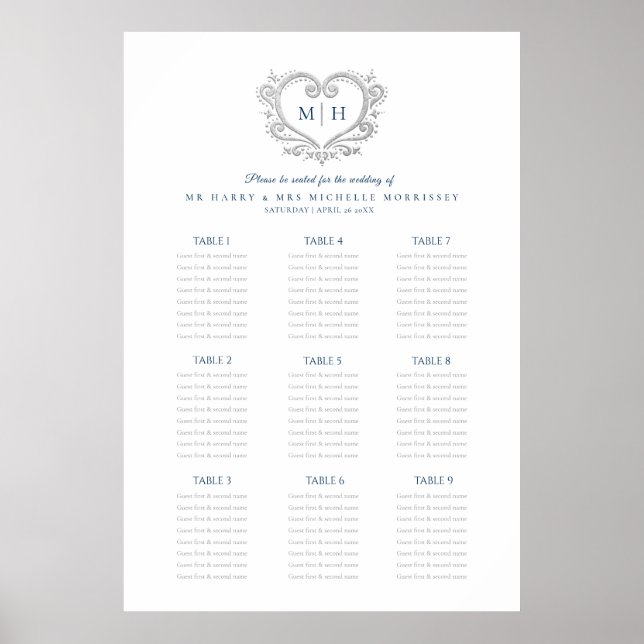 Hochzeitskarte für blaue und silberne Herzkranke Poster (Vorne)