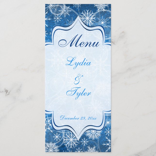 Hochzeitskarte für Blaue und Weiße Schneeflocken Menükarte (Vorderseite)