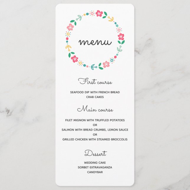 Hochzeitskarte für Blumenkranz Menükarte (Vorderseite)