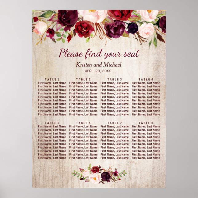 Hochzeitskarte für Burgund-Flora-Holz Poster (Vorne)