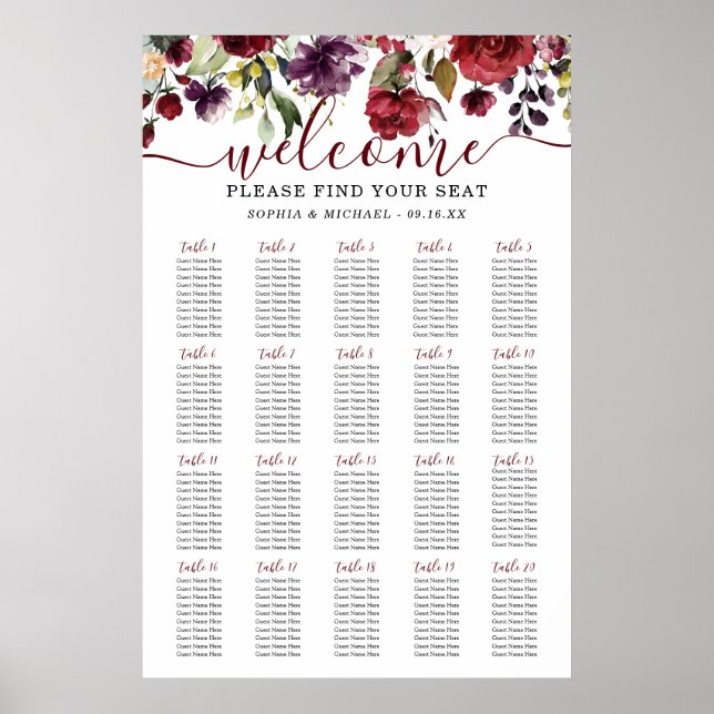 Hochzeitskarte für Burgund-Flora Poster (Vorne)