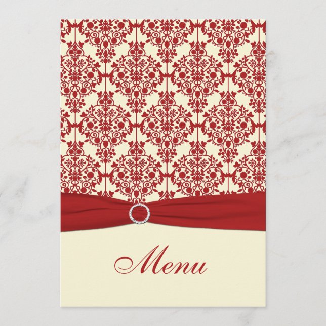 Hochzeitskarte für Creme und Red Damask Menükarte (Vorderseite)