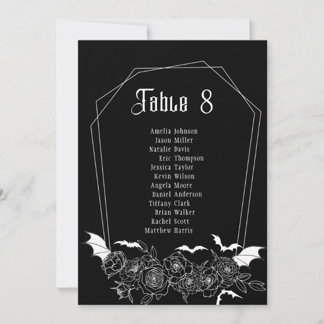 Hochzeitskarte für die schwarz-gotische Tischnumme (Vorderseite)